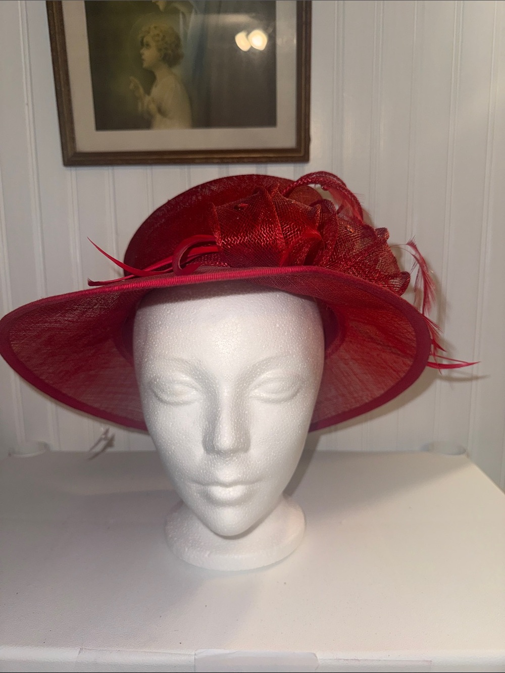 Statement Red Wide-Brim Dress Hat with Feather Detail